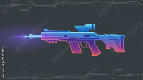 Futuristic assault rifle with neon accents on a dark gray background, creating a sleek and modern design for gaming or technology concepts