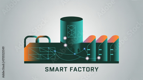 Smart factory concept with connected production lines and data flow, representing automation and efficiency in manufacturing on