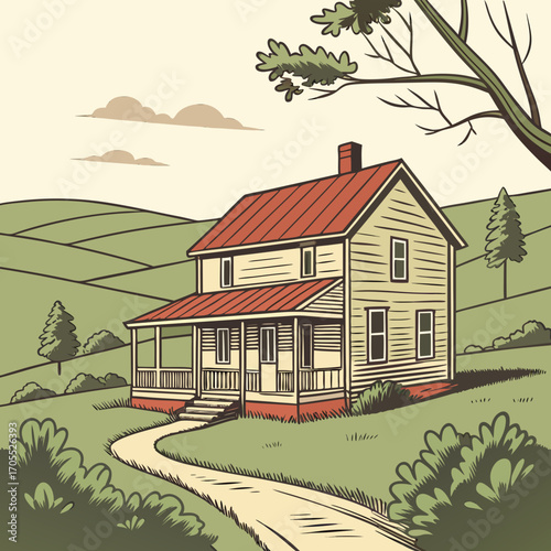 Illustration of a charming farmhouse nestled in a serene landscape, featuring rolling hills, lush greenery, and a winding path leading to the quaint dwelling