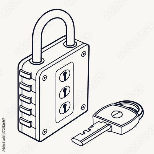 Illustration of a padlock and key the lock is drawn in a simple, clean style, with bold outlines and minimal detail, giving it a secure, reliable look
