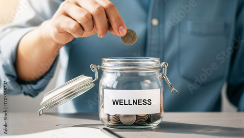 Person placing coin in jar labeled wellness, financial savings for health and wellbeing, budgeting money for personal care, saving strategy and fiscal planning, wellness investment concept