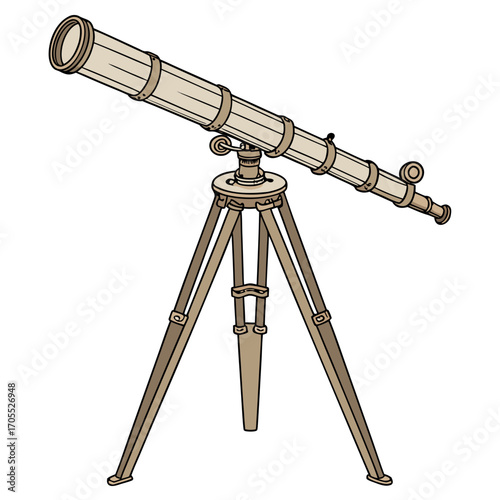Illustration of a vintage telescope on a tripod, perfect for astronomy enthusiasts and stargazers, a timeless symbol of exploration and discovery
