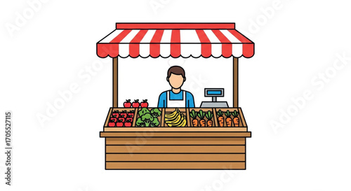 Fresh Produce Stall with Vendor and Scale.