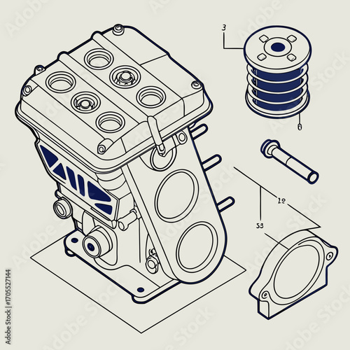 Illustration of an engine block with various parts, including a coil, bolt, and cover, all rendered in a technical drawing style on a neutral background