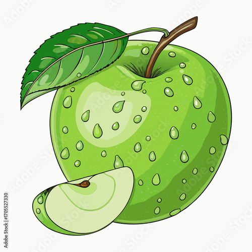 Green Apple with Leaf, Water Drops, and Slice Vector Illustration