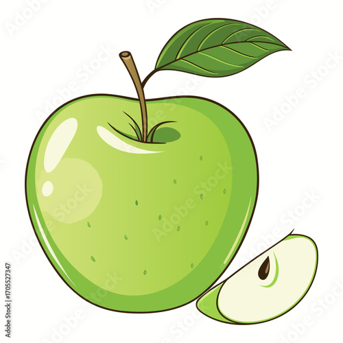 Vector Illustration of Fresh Green Apple with Leaf and Slice