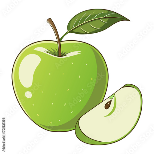 Vector Illustration of Fresh Green Apple with Leaf and Slice