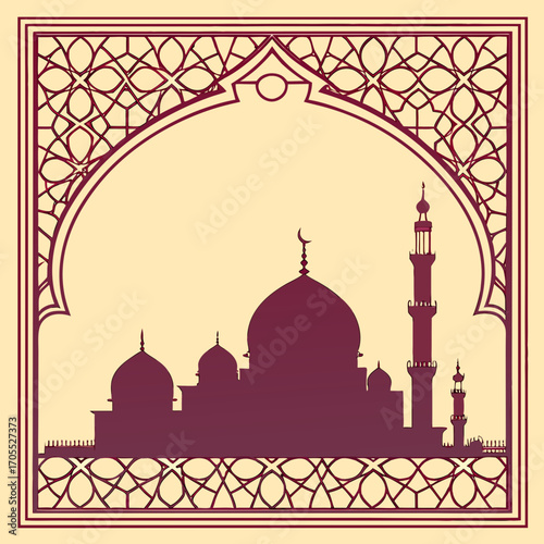 Vector art of a captivating silhouette of a mosque with intricate geometric patterns, evoking the essence of islamic architecture and cultural heritage, set against a serene backdrop