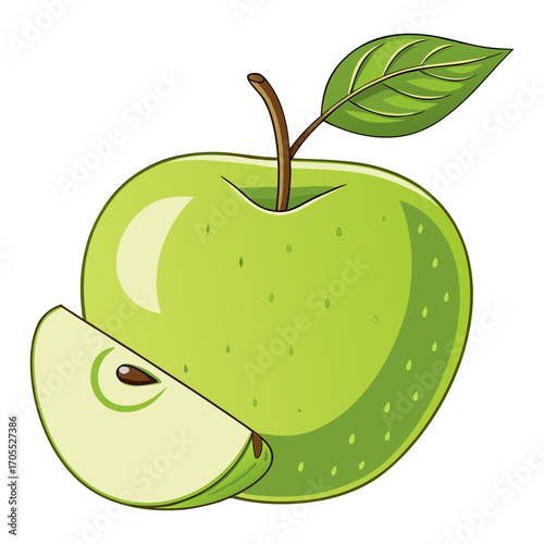 Vector Illustration of Fresh Green Apple with Leaf and Slice