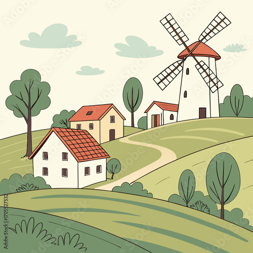 Vector art of a charming countryside landscape features a windmill standing proudly on a hill, surrounded by quaint houses, lush green trees, and gentle clouds in the sky, creating a serene vista