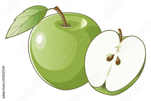 Vector Illustration of Fresh Green Apple with Leaf and Half Slice