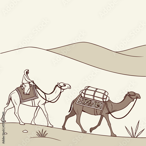 Vector art of a classic desert illustration showcases a camel ride, with a rider and a pack animal crossing sand dunes under a vast sky, evoking a sense of timeless travel