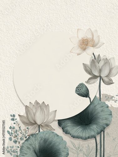 Elegant Lotus Flowers and Seed Pods with Copy Space on Textured Background