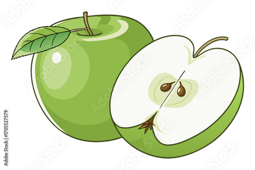 Vector Illustration of Fresh Green Apple with Leaf and Half Slice