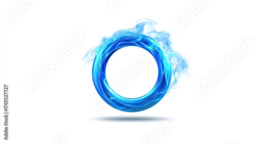 A vibrant, ethereal blue ring, seemingly formed from swirling, translucent flames or smoke, floats against a pure white background. =