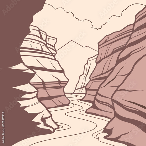 Vector art of a dramatic canyon vista with towering cliffs, a winding river, and distant mountains under a cloudy sky, capturing the grandeur and scale of the natural world