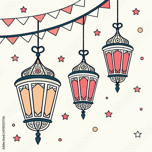 Vector art of a festive array of ramadan lanterns and bunting, creating a celebratory atmosphere for the islamic holiday