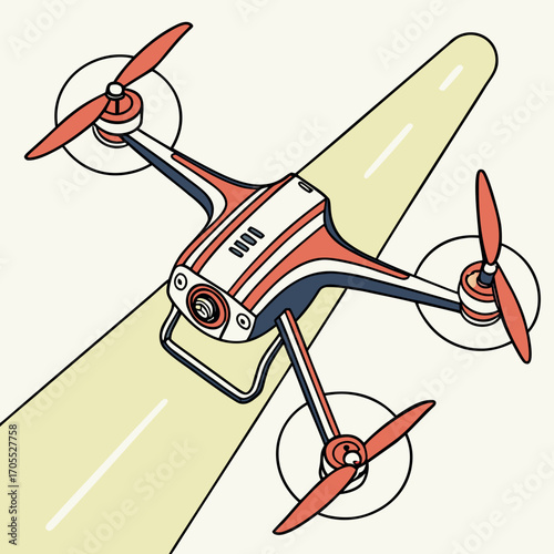 Vector art of a futuristic drone soars above a road, its red propellers spinning, , vector illustration of a modern unmanned aerial vehicle