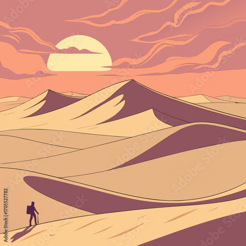 Vector art of a lone traveler treks across the vast, undulating sand dunes of a desert landscape at sunset, with the sun casting long shadows and painting the sky in warm hues