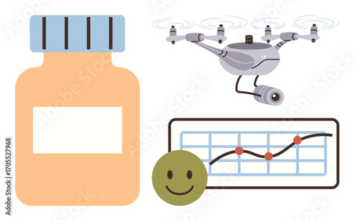 Medication bottle, surveillance quadcopter, growth chart with data points, and a happy face. Ideal for healthcare innovation, pharmacy, remote delivery, data analysis, technology impact efficiency
