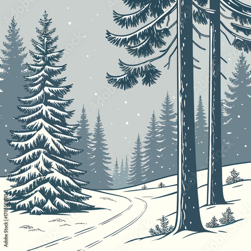 Vector art of a picturesque winter landscape featuring snowcovered ground, towering pine trees, and gentle snowfall, creating a serene and enchanting scene
