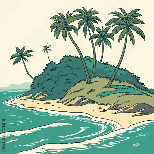 Vector art of a picturesque cartoon illustration of a tropical island with palm trees, sandy beaches, and turquoise waters, evoking a sense of paradise and relaxation