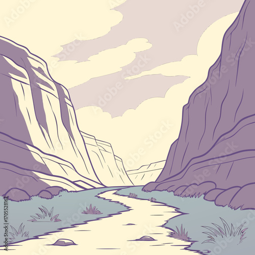 Vector art of a scenic illustration of a canyon with a winding river, presented in a minimalist style with clean lines and muted colors, creating a tranquil and inviting atmosphere