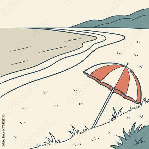 Vector art of a serene beach scene with a red and white striped umbrella standing on the sand, overlooking the calm ocean and distant mountains, creating a peaceful vacation atmosphere