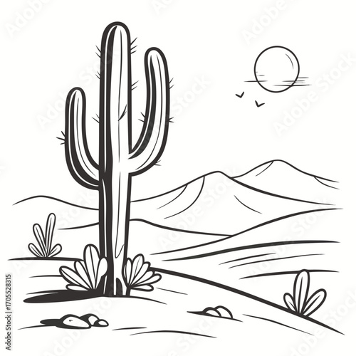 Vector art of a serene desert landscape showcases a towering saguaro cactus under a gentle sun, with distant mountains and birds completing the tranquil scene