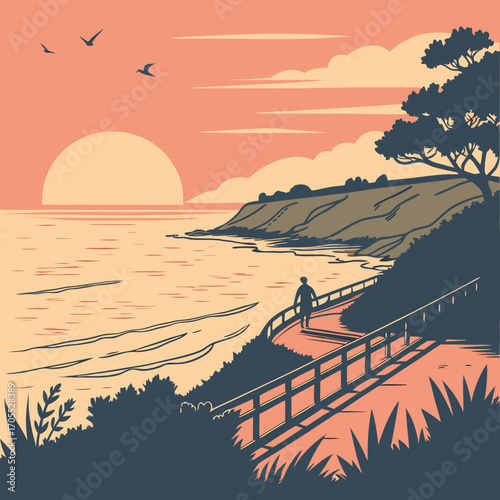 Vector art of a serene illustration of a person walking along a coastal path at sunset, with the sun setting over the ocean and birds flying overhead, capturing a moment of peaceful solitude