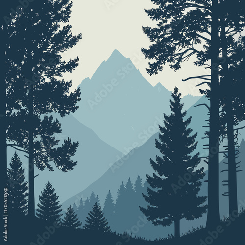 Vector art of a serene mountain landscape with tall pine trees silhouetted against a backdrop of layered blue mountains, creating a tranquil and picturesque nature scene