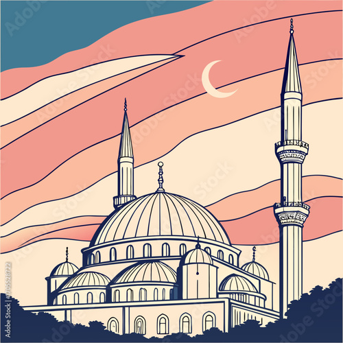 Vector art of a stunning illustration captures the grandeur of a mosque against a vibrant sunset sky, its elegant minarets and dome creating a mesmerizing silhouette, radiating tranquility