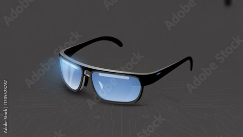 Sleek, futuristic smart glasses with glowing blue lenses, set against a dark gray background, conveying innovation and advanced technology