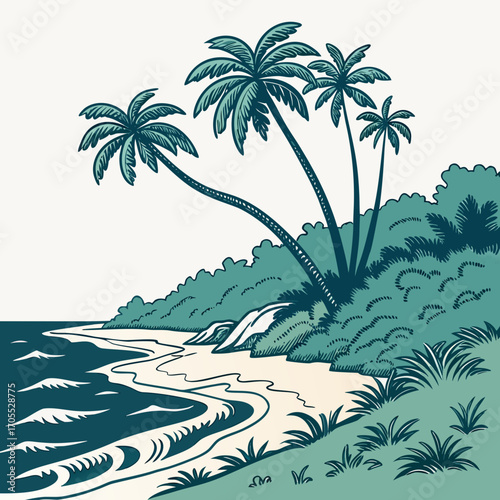 Vector art of a stylized illustration of a tropical coastline with palm trees, sandy beach, and gentle waves, capturing the essence of a serene island getaway and the beauty of nature