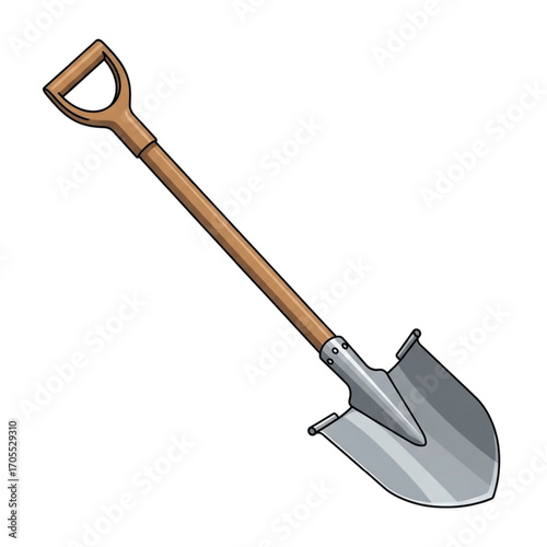 Garden shovel with wooden handle and metal blade.