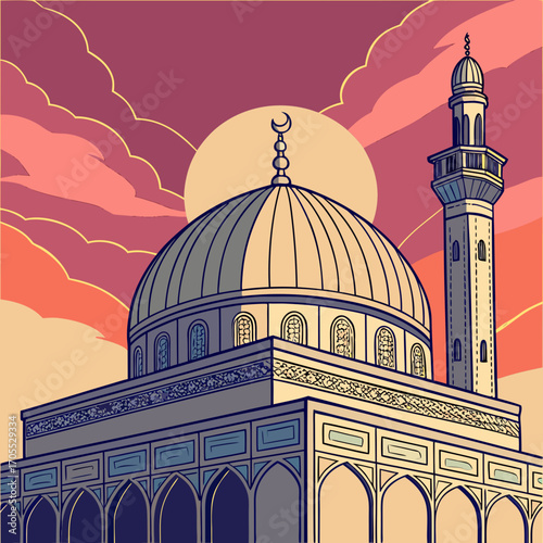 Vector art of an eyecatching illustration portrays a magnificent mosque bathed in the warm hues of twilight, its towering minaret and intricate details showcasing the beauty of islamic art