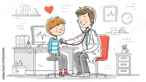 Professional Doctor Examining Young Child with Stethoscope in Clinic