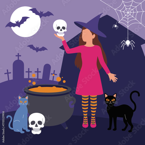 Spooky young witch conjures magic with cauldron and black cat under a full moon during Halloween night