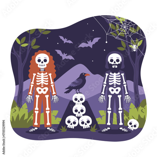 Spooky Halloween night scene featuring two skeletons guarding skulls with bats flying overhead and a spider on a web, perfect for festive decorations