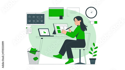 Focused designer meticulously crafting digital interfaces on multiple screens, a modern workspace scene of creative productivity and innovation