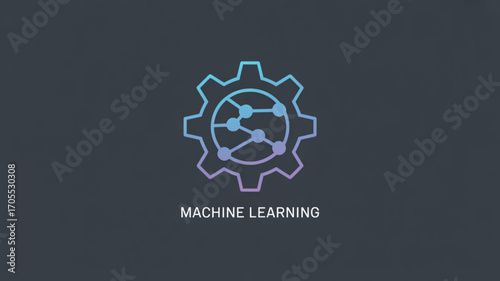 Machine learning concept showing a gear with connected nodes, representing the algorithms and data used in artificial intelligence systems