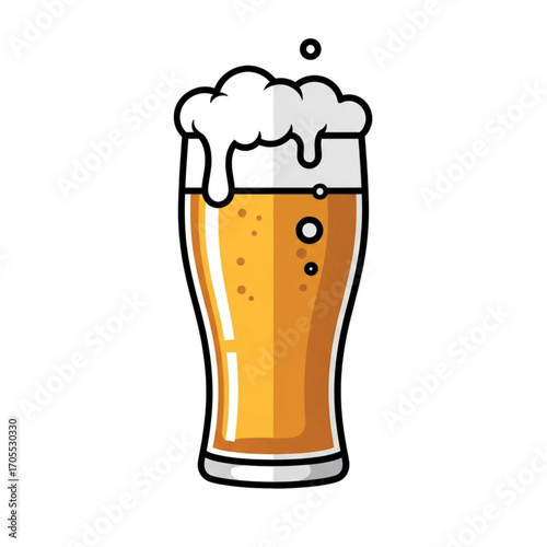 Glass of Beer with Frothy Head and Bubbles.