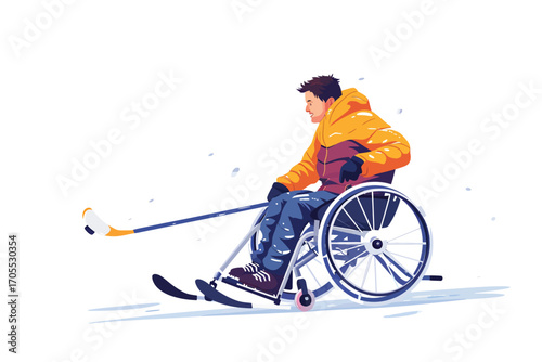 Man in wheelchair playing Sledge Hockey children isolated