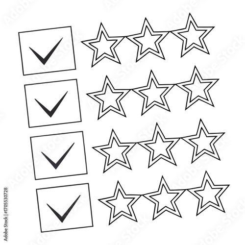 Vector art of checklist with rating stars a visual representation of a survey, feedback, or evaluation process, emphasizing quality assessment and selection