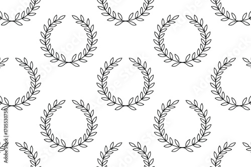 Seamless pattern of laurel wreaths in black outline on a white background repeated across the entire image