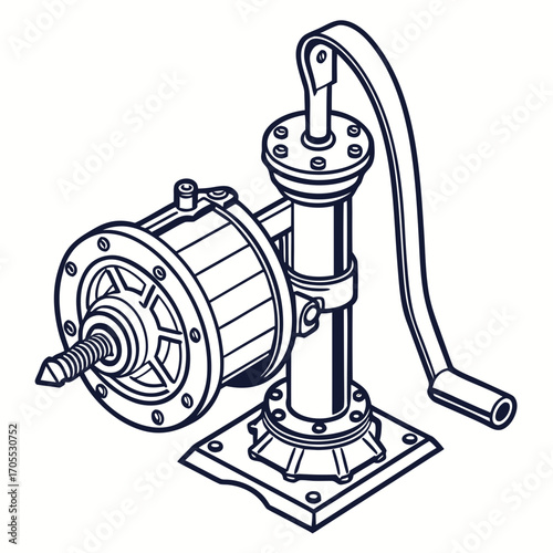 Vector art of detailed line art illustration of a vintage water pump, showcasing its intricate design and mechanical components in a classic style