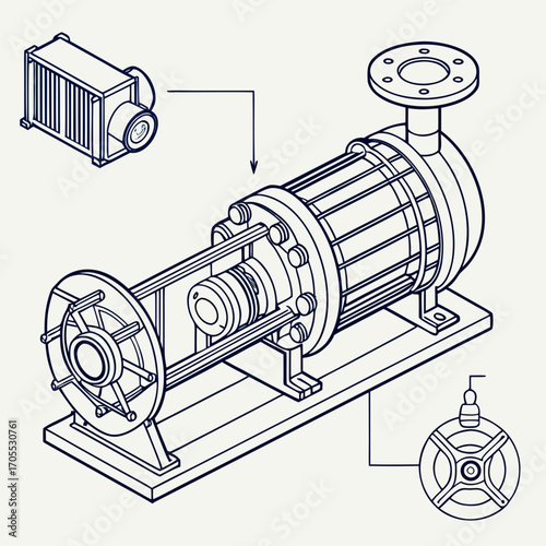 Vector art of detailed line art illustration of an industrial pump, showcasing its intricate design and mechanical components in a technical style