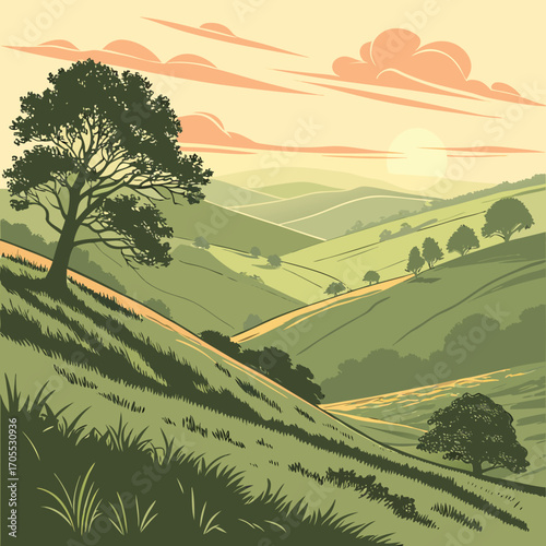 Vector art of idyllic countryside landscape with rolling green hills, a lone tree, and a warm sunset, creating a serene and peaceful scene, perfect for nature lovers and landscape art