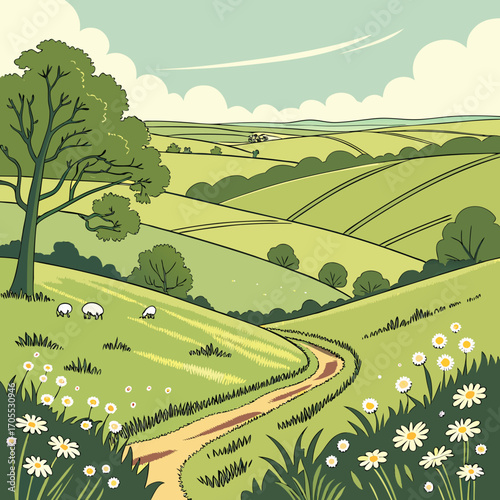 Vector art of idyllic countryside scene with rolling green hills, a winding dirt path, grazing sheep, and scattered daisies under a blue sky with fluffy clouds, creating a peaceful rural landscape