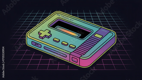 Retro portable game console with pixelated grid background, evoking nostalgia for classic gaming and the 8bit era, perfect for vintage tech enthusiasts